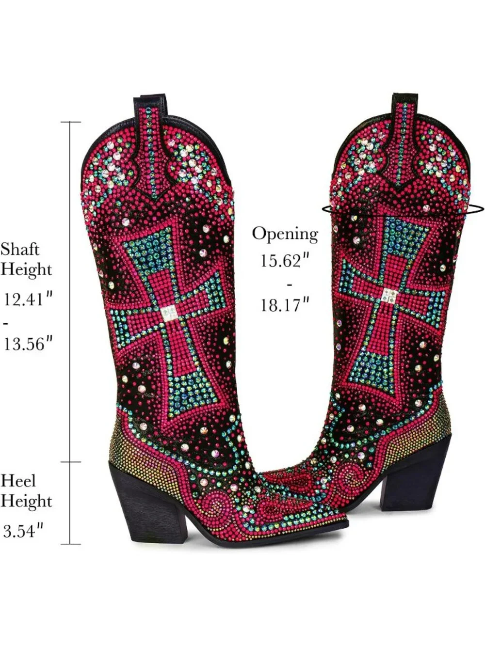 Women's Multi Black Crystal Cross Embellished Pointed Toe Sparkly Cowgirl Boots
